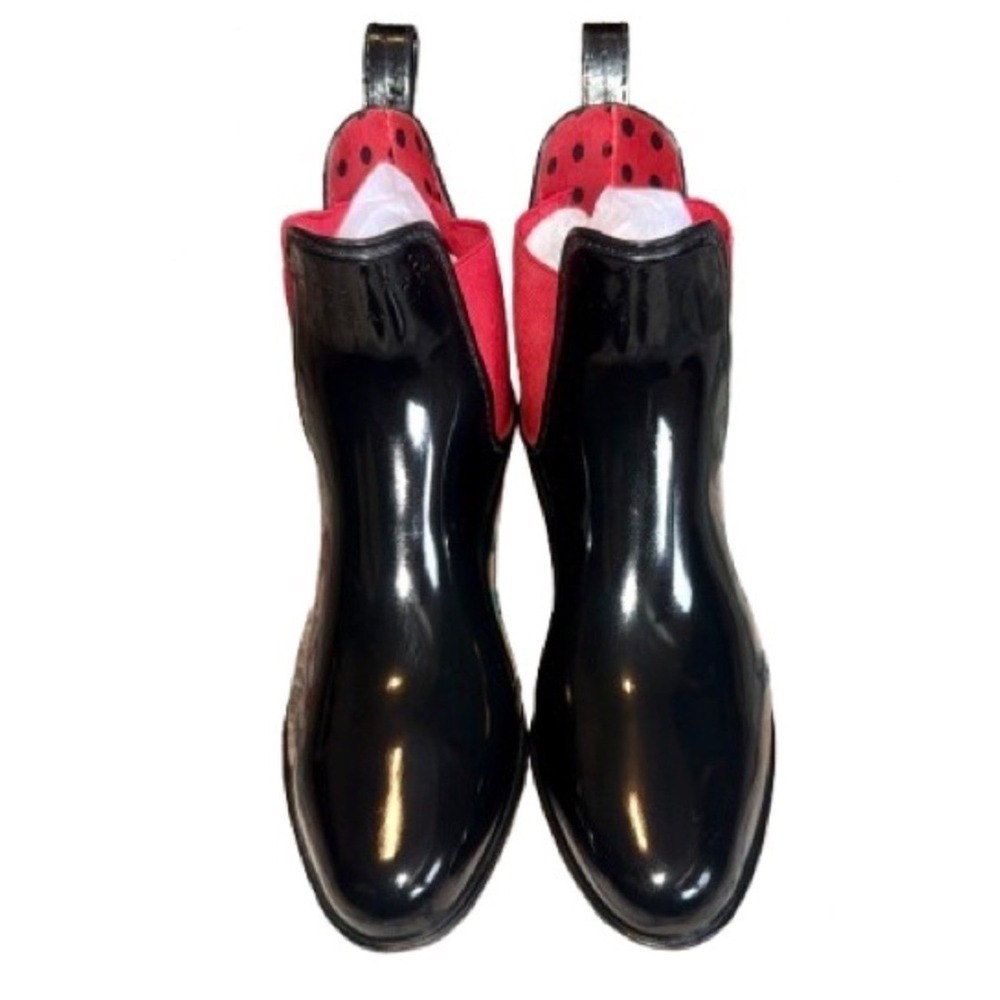 RALPH LAUREN Polka Dot Rain Boots Black Red Chelsea Rubber Boots | US Women's 8